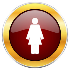 Female red vector icon with golden border isolated on white background.