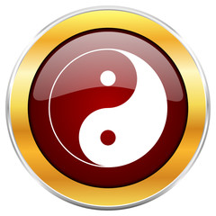 Ying yang red vector icon with golden border isolated on white background.