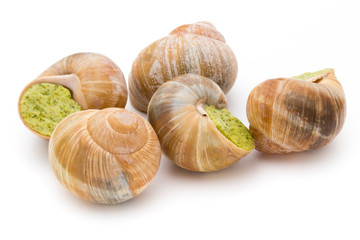 Cooked snails delicacy. French cuisine stuffed snails.
