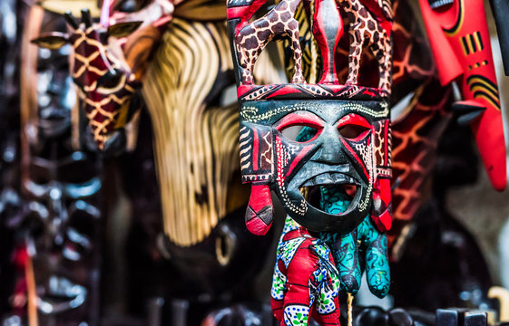 Colorful Traditional Woodcarved Tribal Mask On African Market