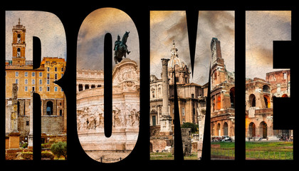 Word Rome with famous roman sights isolated on a white background