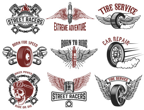 Set of tire service, car repair labels. Pistons, car wheels, repair tools. Design elements for logo, emblem, sign. Vector illustration