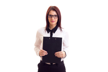 Fototapeta premium Young businesswoman holding folder