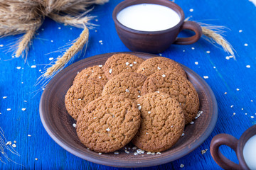 Oatmeal cookies in brown plate on blue background. Rustic style. Close up