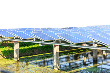 Pond with solar panels on white background