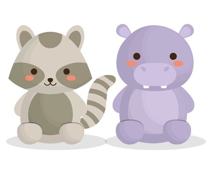 cute raccoon and hippopotamus animals icon over white background. colorful design. vector illustration