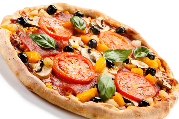 Pizza pepperoni with tomato and olives