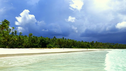 Gewitterwolken über sonnigem Sandstrand und Palmenwald am Meer