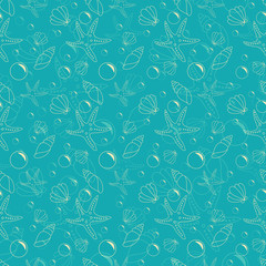 Marine seamless pattern with seashells, starfishes and bubbles