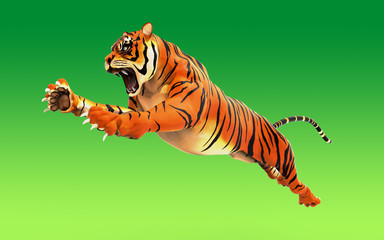 Dangerous Bengal Tiger roaring and jumping isolated on green background, with clipping path, 3d digital rendered model