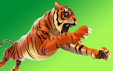 Dangerous Bengal Tiger roaring and jumping isolated on green background, with clipping path, 3d digital rendered model