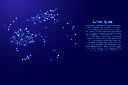 Map of Fiji from polygonal blue lines and glowing stars vector illustration