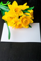Bouquet of daffodil near empty card on black background. Top view. Copy space. Mothers day or Womens day. Greeting.
