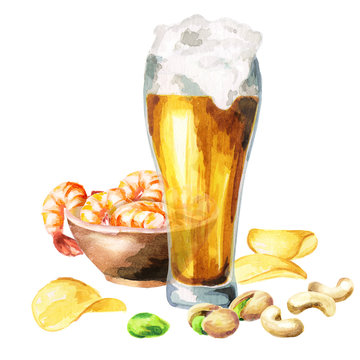 Beers and snacks. Watercolor