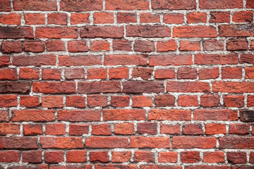 Detailed red brick background. Wall of red damaged blocks. Dirty stone pattern