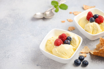 Vanilla ice cream with fresh berries on concrete background, selective focus, copy space