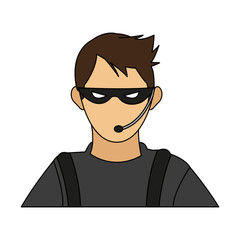 color image cartoon half body hacker with microphone vector illustration