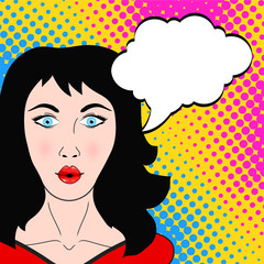Wow female face. Young sexy surprised woman smiling and hand pointing on empty speech bubble. Vector colorful background in pop art retro comic style.