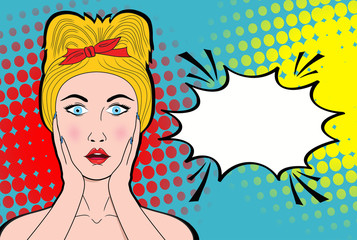 Wow pop art female face. Sexy surprised young woman with open mouth and blond hair and empty speech bubble. Vector bright background in pop art retro comic style.