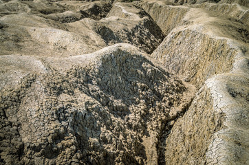 Muddy volcanoes, Buzau county, Romania. Active mud volcanoes landscape in Europe.