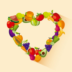 heart shape assorted fruits vegetables healthy organic vegetarian foods related icons image vector illustration design 