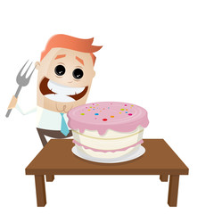 funny businessman with big cake and fork
