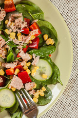 Fresh spinach salad with tuna, cucumber, corn, and red paprika o