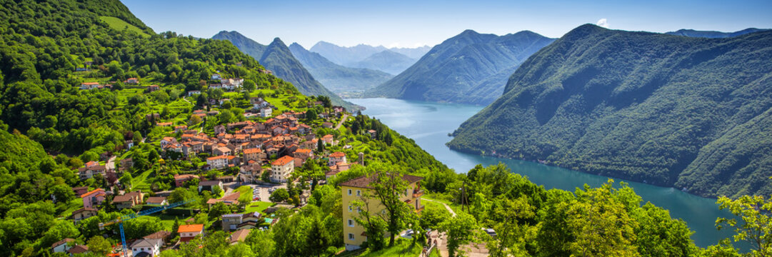 Fototapeta View to Lugano city, Lugano lake and Monte San Salvatore from Monte Bre, Ticino, Switzerland