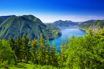 Fototapeta na wymiar View to Lugano city, Lugano lake and Monte San Salvatore from Monte Bre, Ticino, Switzerland