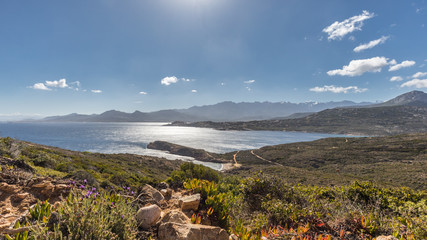 View of Calvi citadel and mountains from Revellata in Corsica