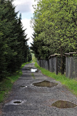 Rain water in the crater on gravel road