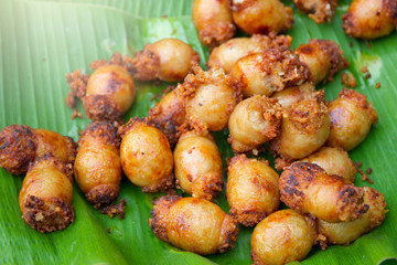 Traditional Thai E-Sarn meat ball close up.