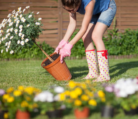 Woman wearing gloves and wellington boots holding pot with a daisy flower