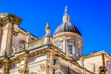 Cathedral exterior Dubrovnik. / View at marble architectural details on cathedral facade in Dubrovnik town, Croatia. - 149664825