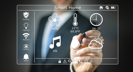 Businessman using smart home digital interface 3D rendering