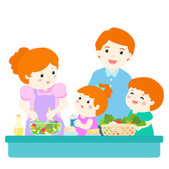 Happy family cook healthy food together cartoon character vector.