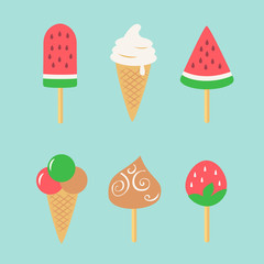 Summer time set. Watermelon popsicle and ice cream icons. Vector illustration.
