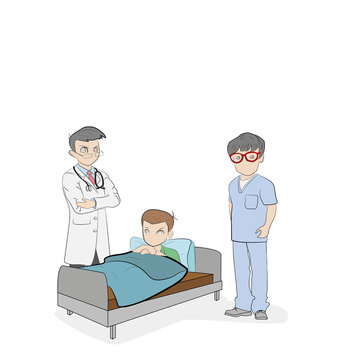 Medical plot. Doctors stand around the bed with the sick. Meeting on treatment. vector illustration.