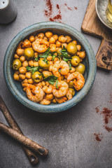 Chickpea salad in rustic bowl, top view, close up. Healthy , clean food or vegetarian cooking and eating concept