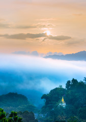 Landscape view of Wat Hat Som Paen temple on peak mountain at Ranong province, Southern of Thailand.
