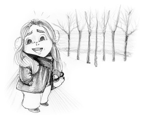 Pretty girl in winter has snow cartoon pencil drawn