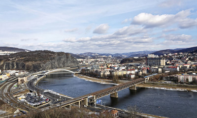 Obraz premium Bridge,road and railway tracks in one shot