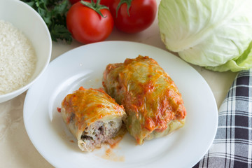 Cabbage rolls on a white plate and ingredients. Tasty dish.