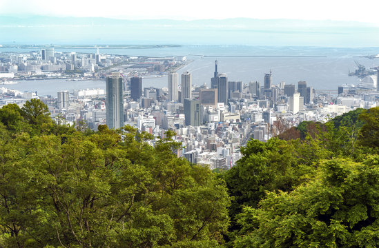 Aerial view of Kobe city and Port Island of Kobe from Mount Rokko, skyline and cityscape of Kobe, Hyogo Prefecture, Japan