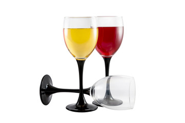 Glass of red wine with glass of white and empty glass for wine isolated on white.