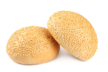 Round sandwich bun with sesame seeds isolated on white background