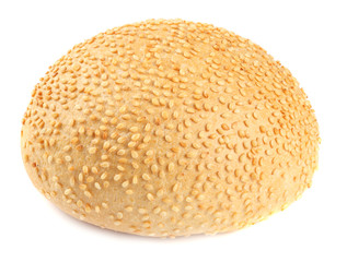 Round sandwich bun with sesame seeds isolated on white background