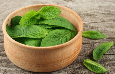 Mint leaf green plants on wood plate on old wood background