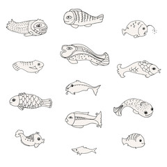 Set of decorative fish, doodle sketch