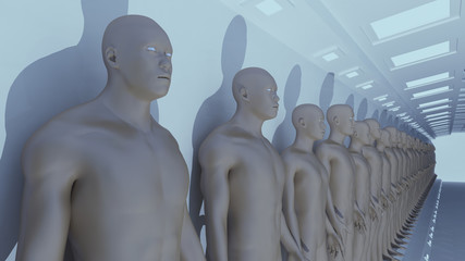 Obraz premium Human clones in futuristic room